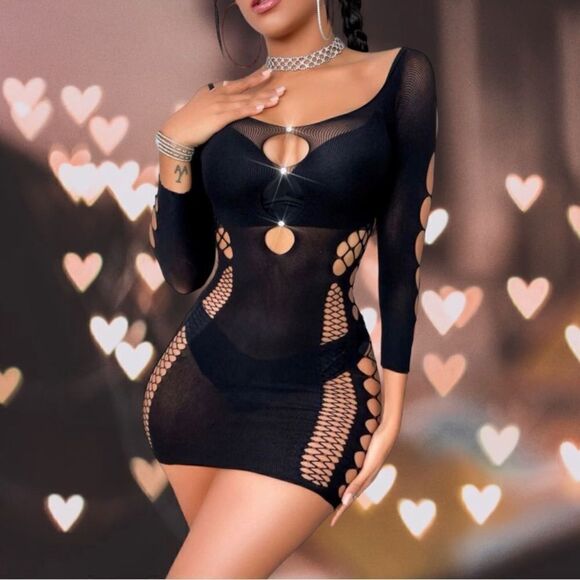 Long sleeve l Rhinestone adorned l BodyCon l Black l dress l OS l High stretch - Picture 1 of 6